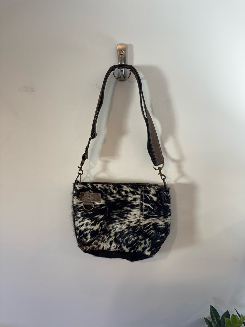 Myra Bag Hair-On Shoulder Bag, Black/White, Brown Leather - Picture 2 of 7